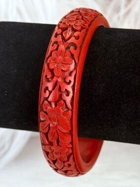 Vintage Chinese Antique Carved Floral Red Bangle Bracelet